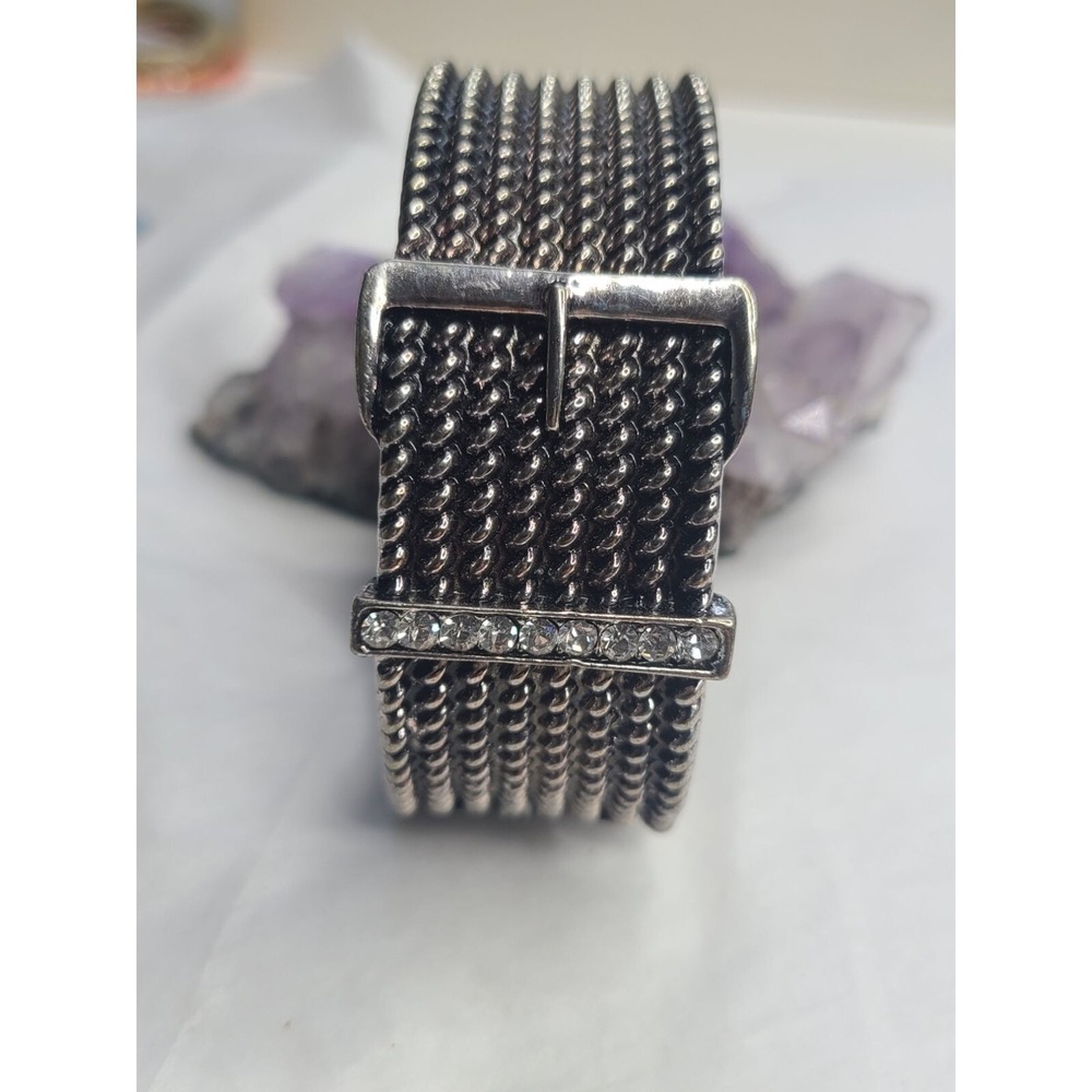 Vintage Silvertone Mesh Buckle Hinged Bracelet With Rhinestones